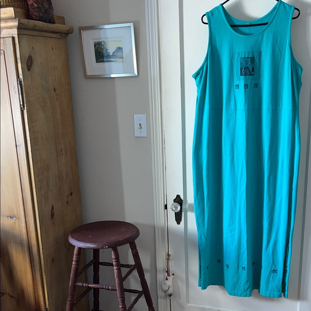 Turquoise Cat in a Bow Tie Sleeveless Lagenlook Maxi‎ Dress XL